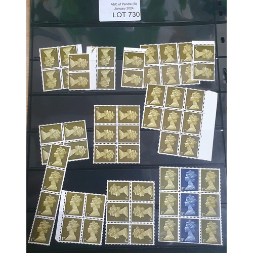 730 - Double sided sheet containing GB QEII 1969 1d olive green blocks, strips and pairs together with 196... 