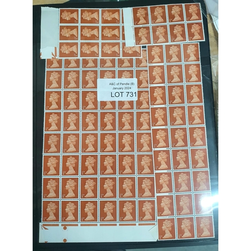 731 - Double sided sheet containing GB QEII Machin Definitive Stamp, blocks, 1968, 1/2D Orange-Brown, all ... 