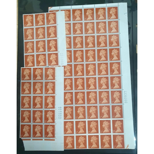 731 - Double sided sheet containing GB QEII Machin Definitive Stamp, blocks, 1968, 1/2D Orange-Brown, all ... 