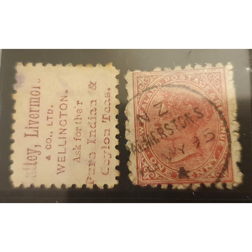 828 - New Zealand 1 cent stamp 1893, used unmounted with fine cancelation in clear plastic display case.

... 