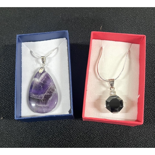 32 - Large gemstone necklace on silver chain along with large amethyst pendant on silver chain (2)