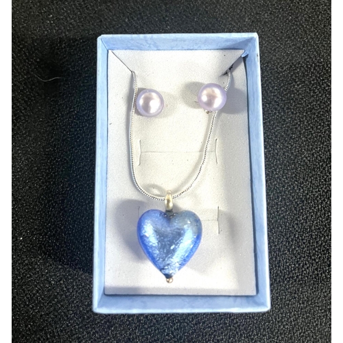 34 - Silver heart locket on chain with earings along with blue glass heart on silver chain and earrings (... 