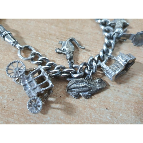 54 - Fine quality, heavy silver charm bracelet with lots of various charms