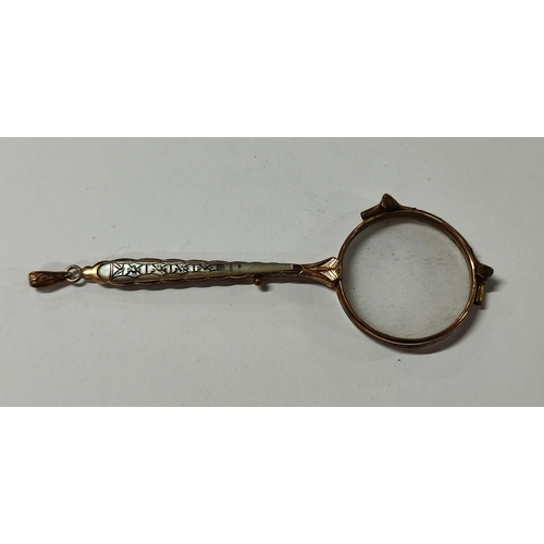 182 - Small ornate Brass and Mother of Pearl magnifying glass