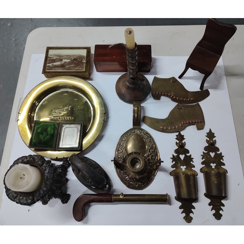 190 - Collection of various antique metalware including wall candleholders, miniature chair, trinket boxes... 