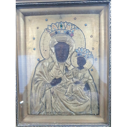 112 - Antique Russian glazed Madonna & child framed icon,

framed size is 23 x 18cm