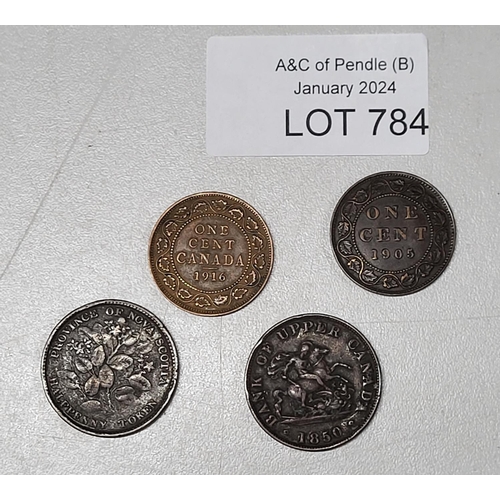 784 - Four 19th and 20th Century Canadian coins including an 1850 Nova Scotia 1/2d token (all VF)