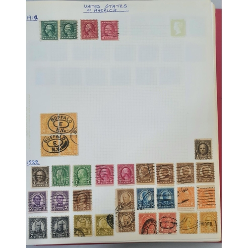 867 - Red SG binder filled with USA stamps, 1851-1980 including an 1869 used 2c brown, an 1870 30c black 