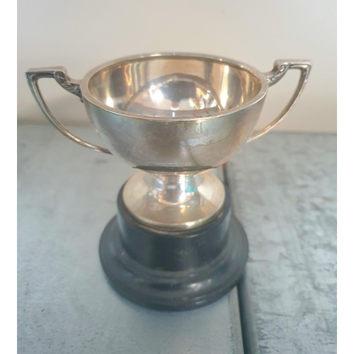 1 - Mid 20thC unengraved (blank) silver two handled trophy on black plinth, marks rubbed,