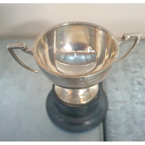 1 - Mid 20thC unengraved (blank) silver two handled trophy on black plinth, marks rubbed,