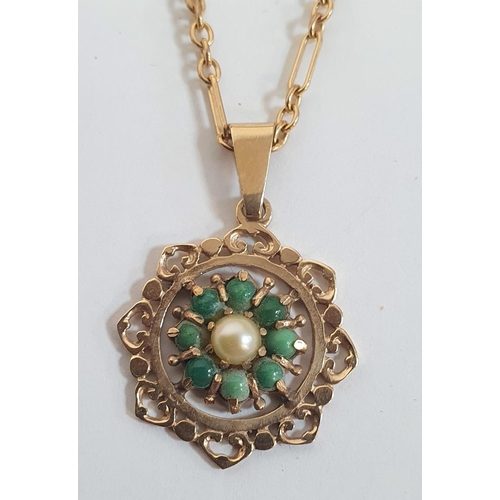 49 - Large 9ct yellow gold pendent with a central pearl surrounded by small Jade cabochons on a 9ct yello... 