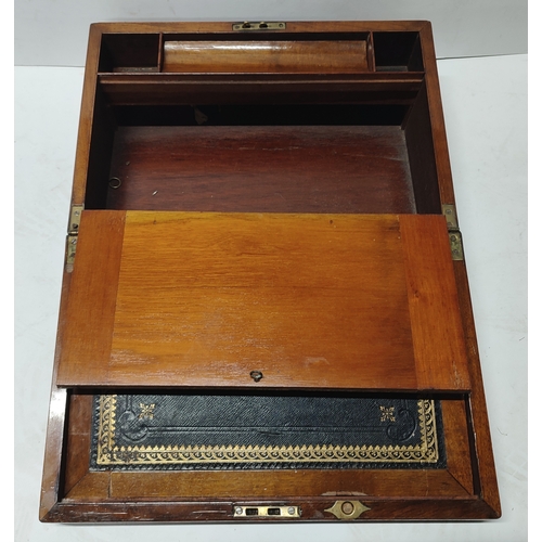 126 - Antique writing slope with brass inlay, opens to reveal inner compartments, no key