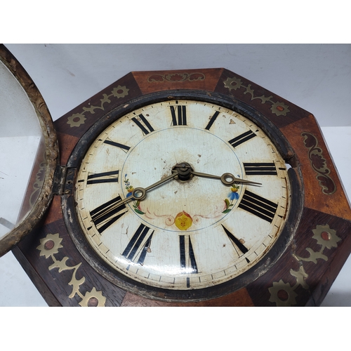 131 - Antique dual-weight hanging clock inlaid with brass, complete with two weights and pendulum