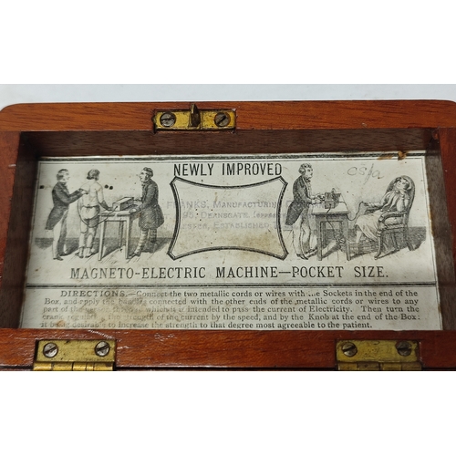 133 - Franks Manufacturing, antique pocket sized Magneto Electric machine presented in wooden box with all... 