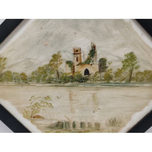 94 - Late Victorian, unsigned, oil on milk glass of ruins behind a tree-line and marshland