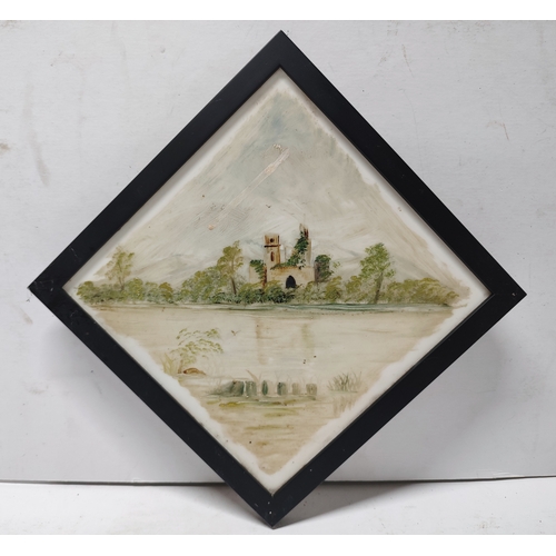 94 - Late Victorian, unsigned, oil on milk glass of ruins behind a tree-line and marshland