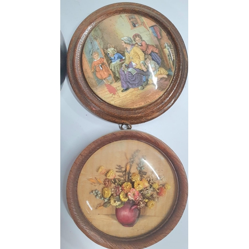 236 - Three antique framed pot lids together with a dried flower example (4)