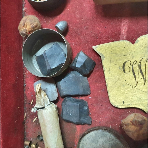 276 - Wooden box with red cloth inner containing small tubs of metal gun pellets, lead bullet heads and fl... 