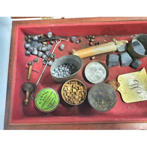 276 - Wooden box with red cloth inner containing small tubs of metal gun pellets, lead bullet heads and fl... 