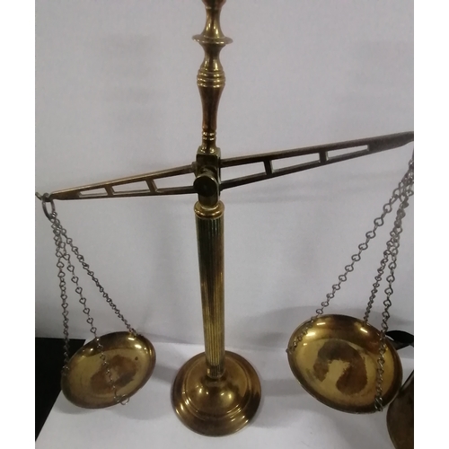 348 - Collection of brass ware including scales and a school bell (qty)