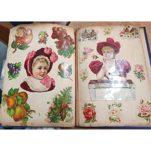 353 - Late Victorian blue scrap album containing a large quantity of colourful scraps (Qty)