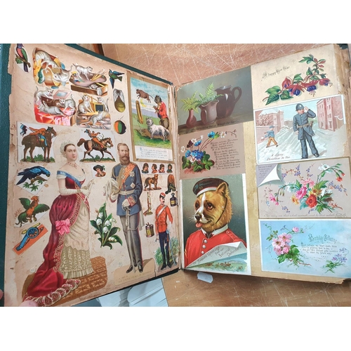 354 - Late Victorian/ early Edwardian green scrap album containing a large quantity of colourful scraps (Q... 