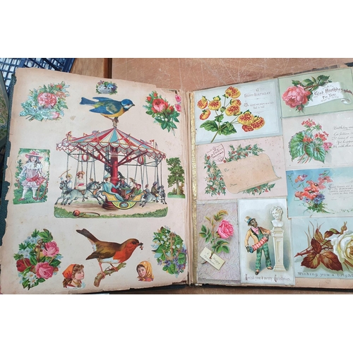 354 - Late Victorian/ early Edwardian green scrap album containing a large quantity of colourful scraps (Q... 