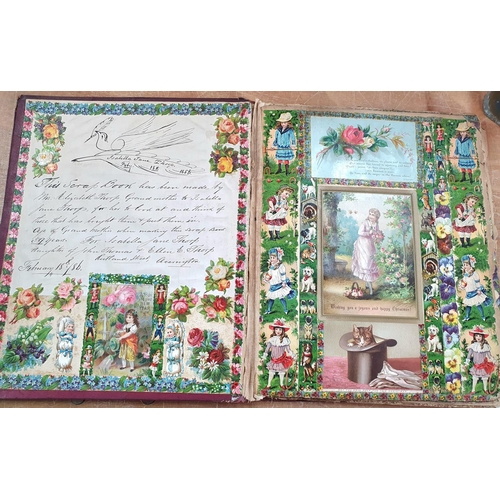 355 - Late Victorian red scrap album containing a large quantity of colourful scraps put together by Jane ... 