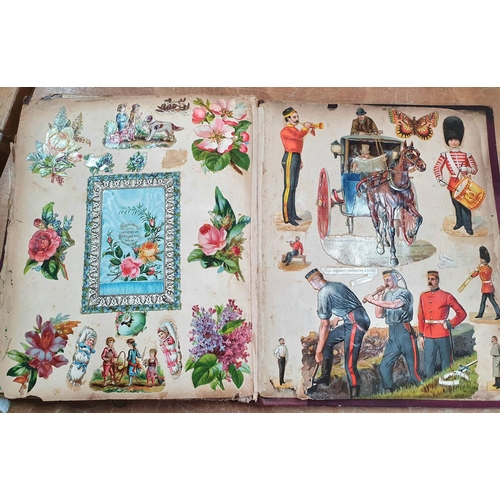 355 - Late Victorian red scrap album containing a large quantity of colourful scraps put together by Jane ... 