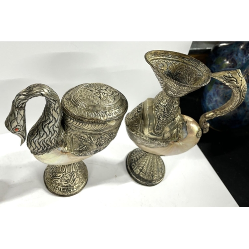 360 - 3 Shell and beaten white metal ornaments including a duck bowl (3)