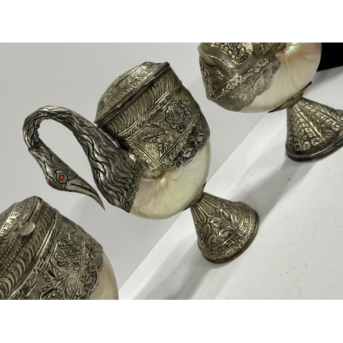 360 - 3 Shell and beaten white metal ornaments including a duck bowl (3)