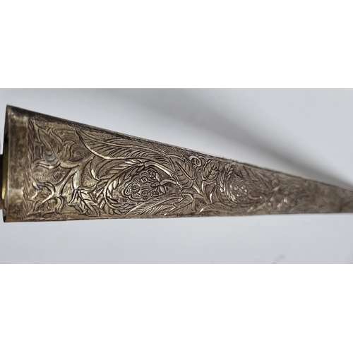 373 - Carved decorative antique Japanese hand carved bone handle short sword with ornate white metal sheat... 