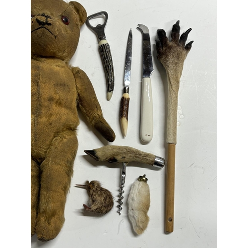 393 - Bear with taxidermy items including foxes foot