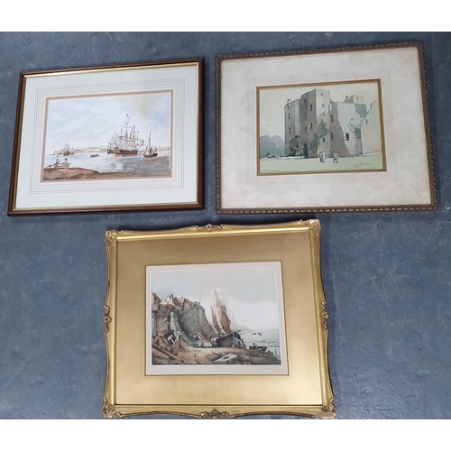 145 - Later 20thC watercolour depicting 18thC galleons together with an Edwardian coloured etching coastal... 