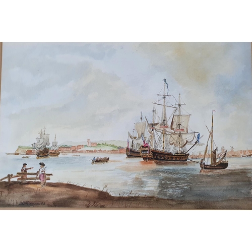 145 - Later 20thC watercolour depicting 18thC galleons together with an Edwardian coloured etching coastal... 