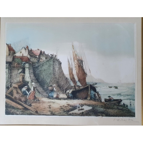 145 - Later 20thC watercolour depicting 18thC galleons together with an Edwardian coloured etching coastal... 