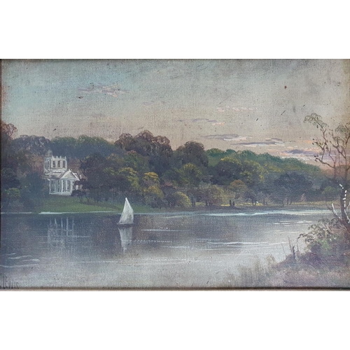 146 - J. Lewis (1852-1942) pair of c1900 oil on canvas paintings, probably depicting Thames scenes in matc... 