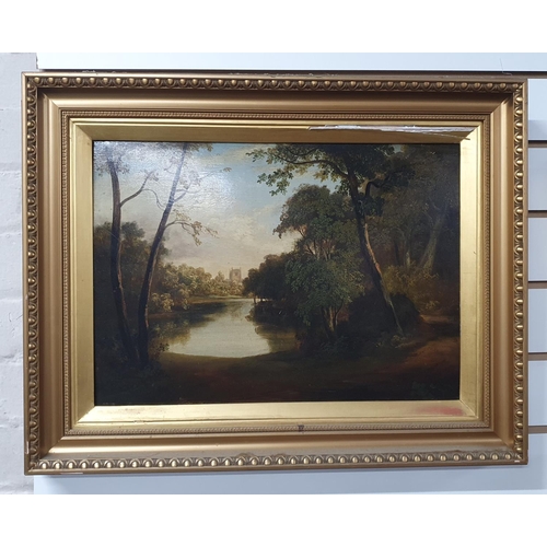 147 - Unsigned early 19thC oil on chamfered wood panel depicting a wooden country scene, gilt frame.

Appr... 