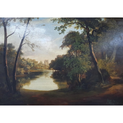 147 - Unsigned early 19thC oil on chamfered wood panel depicting a wooden country scene, gilt frame.

Appr... 