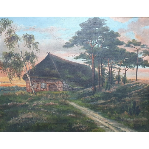 260 - Fine quality, indistinctly signed 1912 oil on canvas painting of a country cottage together with an ... 