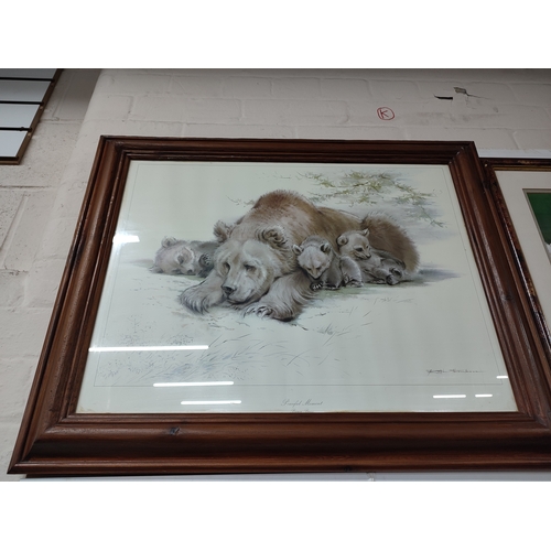 402 - Five Ralph Thompson bear prints in Pine frames together with a cattle print (6)