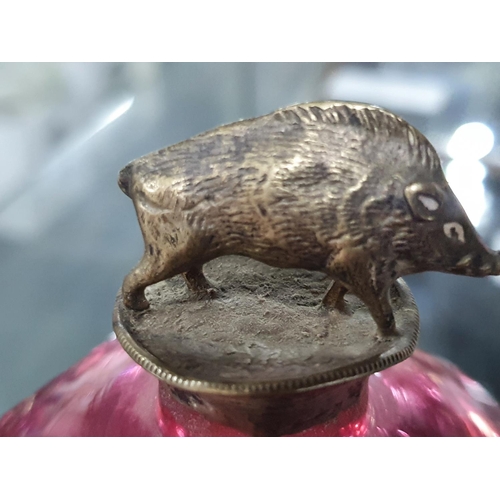 493 - Antique Cranberry glass perfume bottle with an unmarked white metal (possibly silver) wild boar cap