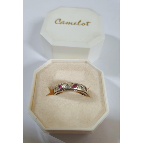 54 - Fully hall-marked 9ct white gold eternity ring with ruby and other semi-precious stones,

2.8 grams ... 