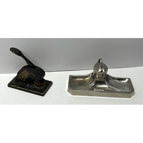 120 - Edwardian white metal inkwell with Edwardian embosser (2)