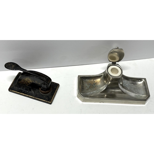 120 - Edwardian white metal inkwell with Edwardian embosser (2)