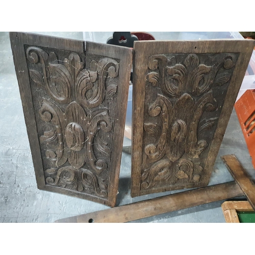 133 - Large quantity of wooden and metal antique items including 2 antique carved Oak panels, 2 antique mi... 