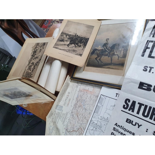 135 - Quantity of vintage Fleamarket and other antiques related posters, old ordnance survey maps and anti... 