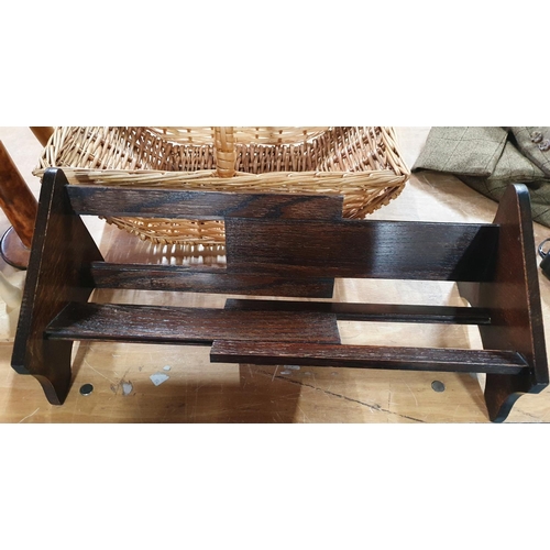 138 - Collection of wooden items including 2 small stools, an extendable Oak book rest, a basket etc (Qty)