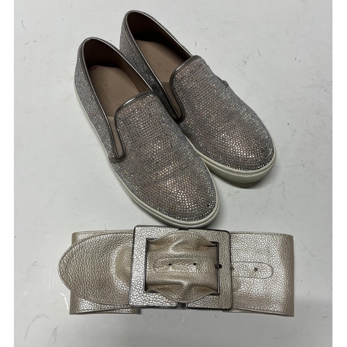 178 - Pair lightly used Kurt Geiger Loafers (size 38) along with Wide Avion Champagne Leather ladies belt