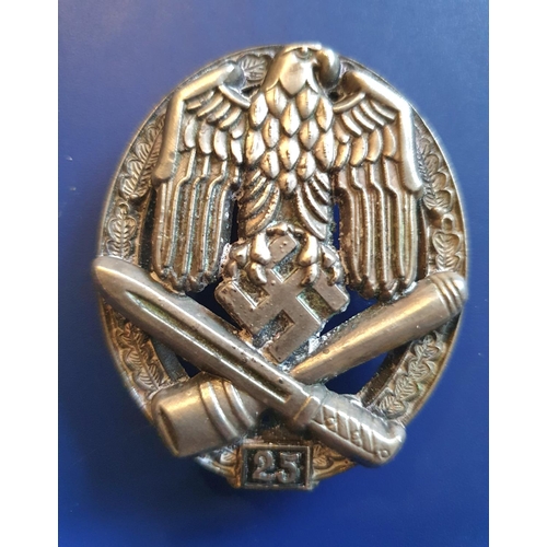 197 - German WWII general assault badge for 25 engagements with makers initials J.F.S stamped verso